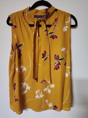 Apt. 9 Mustard Floral Tie-Neck Tank Top Blouse Size XL